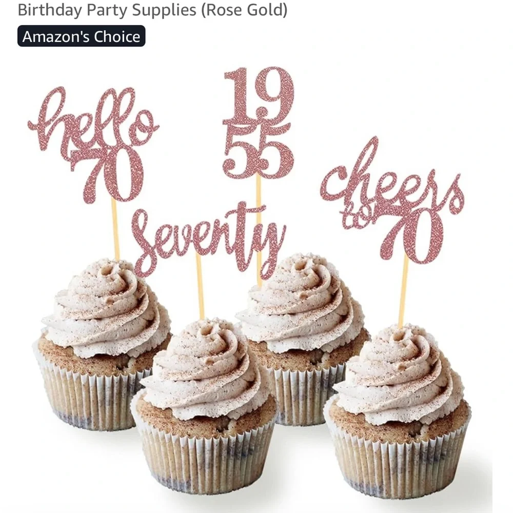 70th Glittery Gold Cake Toppers for Celebrations